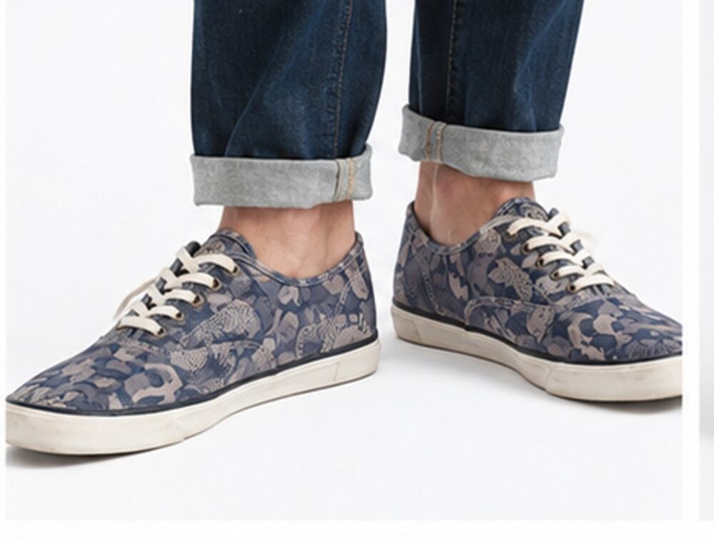 SeaVees Legend Sneaker Blue Gray Dolphin Print Herringbone Twill SIZE 10